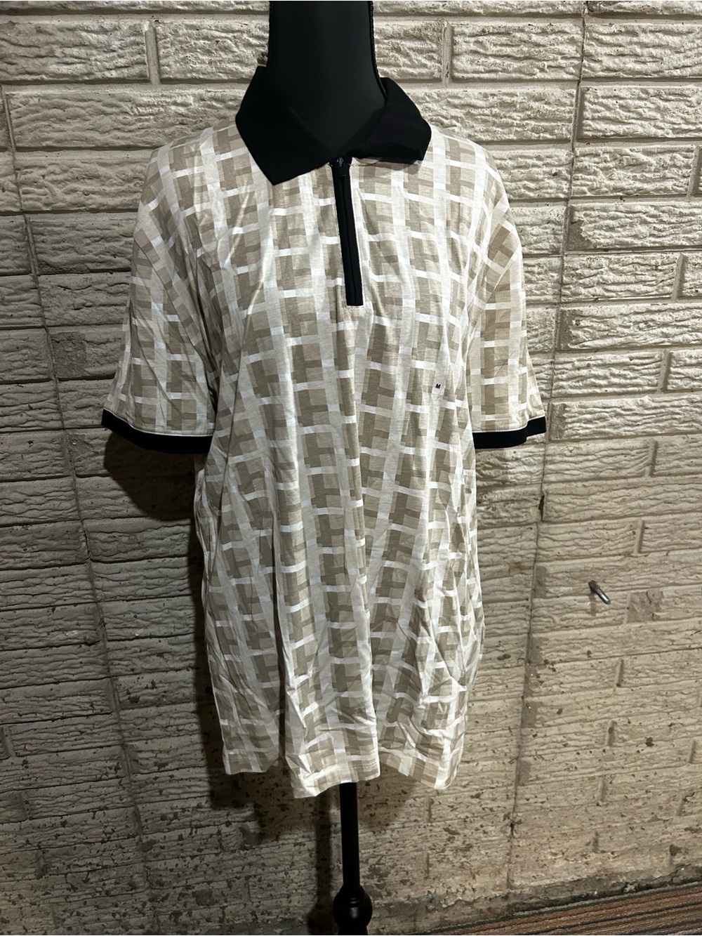 Men's Beige Plaid Zip Polo Shirt 1/4 Zip with Black Collar Geometric Sz Med